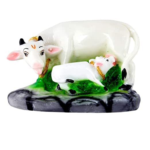 Kartik Decorative Handcrafted Marble Dust Polyresin Kamdhenu Cow and Calf Big Statue Idol (3.5-inch, Small, Multicolour)