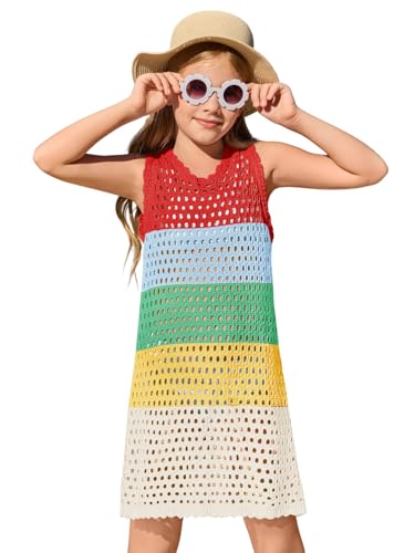 Image of Haloumoning Girls Color Block Crochet Knit Swim Cover up Kids Summer Sleeveless Beach Dress 5-14 Years