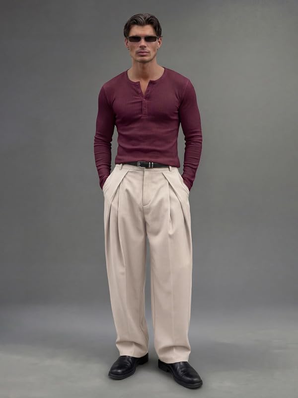 Image of FUGAZEE Cream Korean Pleated Trousers | Relaxed Fit & Korean Pants