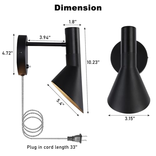 Image of COSYLUX Vintage Plug in Wall Sconces, Industrial Rotatable Swing Arm Wall Lamp with Switch, Wall Mounted Light Fixtures Reading Lamp for Bedside Bedroom Indoor, Matte Black