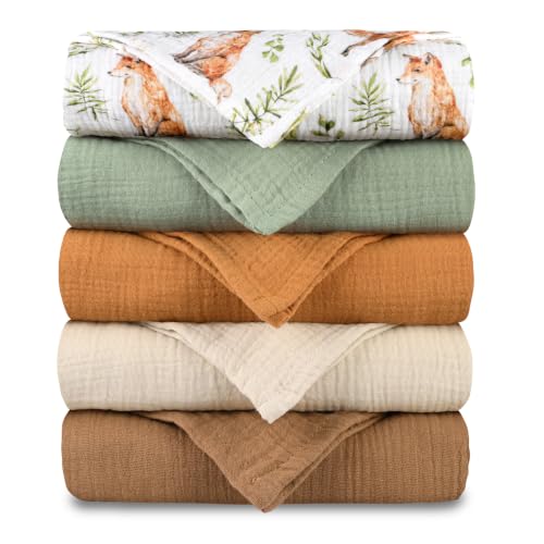 Image of Muslin Receiving Blankets, Neutral Blanket Swaddling for Newborn Boys and Girls, 5 Pack Breathable and Skin-Friendly Swaddle Wrap for Infant Baby (Forest Fox)
