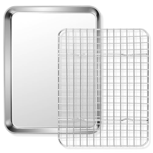 Homikit Backblech mit Abkühlgitter, Hochglanzpoliert Edelstahl Rechteckig Backform, Ofenblech und Auskühlgitter für Backen Braten Servieren, 31x24x2,5cm, Gesund & Spülmaschinenfest
