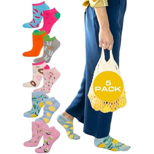 soxo Damen Bunte Sneaker Socken | Größe 35-40 | 5er Pack | Baumwolle Damensocken mit lustigen Motiven | niedriger Schnitt | Ideal für flache Schuhe | tolle Ergänzung für Ihre Garderobe