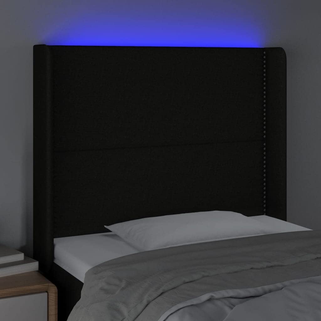 Testiera del letto con LED nero 93 x 16 x 118/128 cm tessuto con altezza regolabile e striscia di taglio a LED