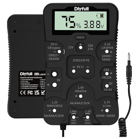 Dlyfull Battery Tester, LCD Display Universal Battery Checker for Ni-MH, Ni-CD, Li-ion, Alk & LiFe04 Batteries(AA AAA C D 9V 12V 18650 CR123A 2CR5 CR2032 Cells), 2X AAA Batteries Included Cover