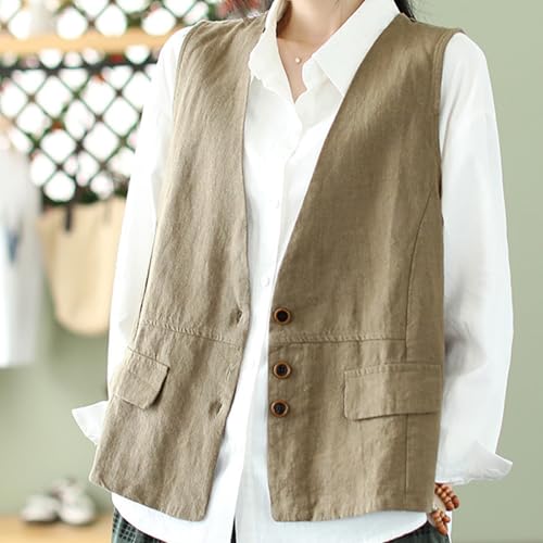 Womens Linen Vests Sleeveless V-Neck Button Up Vest Solid Color Fashion Outwear Loose Casual Summer 2025 Tops4