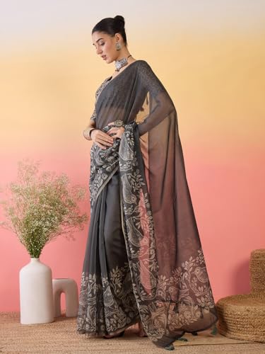 Image of AKHILAM Women's Cotton Printed Saree With Unstitched Blouse Piece