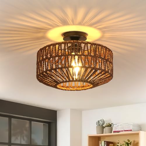 Toolight Rattan Deckenlampe Hängend Vintage, Boho Deckenleuchte mit...