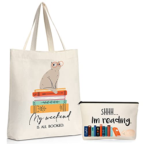 Image of Sieral 2 Pcs Book Lovers Gifts Canvas Tote Makeup Bag Set, Cat | Reusable, Cat Print Design, Multi Purpose Shopping Cosmetic Storage Pouch, Metal Zipper, for Readers Teachers Women