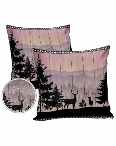 Pink Forest Elk Outdoor Pillow Cover 24x24 Inch Cushion Sham Case,Waterproof Decorative Square Throw Pillowcase for Outside Garden Patio Porch Couch Chair Tent Cabin Purple Mountain Lodge Wood Grain