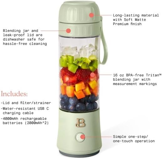Diagram of the Portable to-Go Blender 2.0 showing its components: motor base, 16 oz Tritan blending jar, lid with filter, and USB-C charging cable. Key features like long-lasting material, one-touch operation, and measurement markings are labeled.