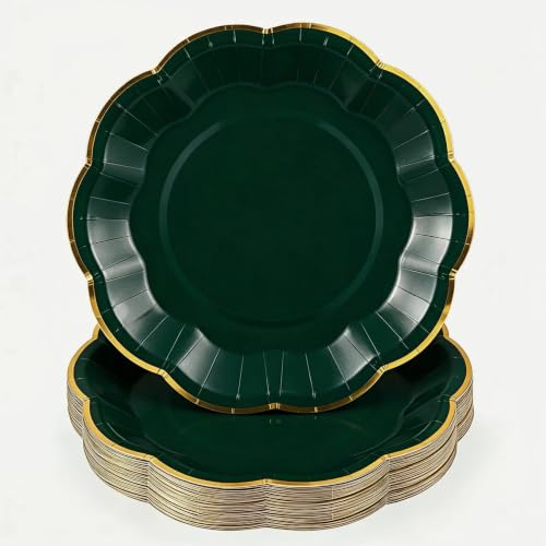 Image of 30 Pcs Green Paper Plates with Gold Trim 7 Inch Scalloped Dinner Plates