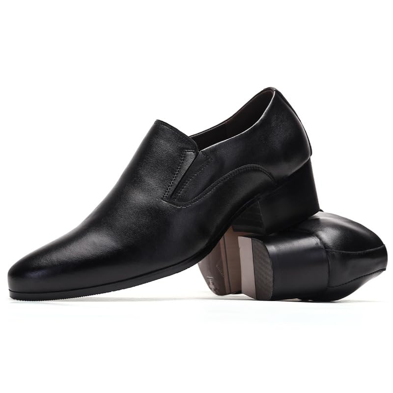 Battle Men Men's Leather Slip-On Dress Shoes with Pointed Toe, Chunky Heel, 2-Inch Elevator Shoes for Business or Wedding Events3