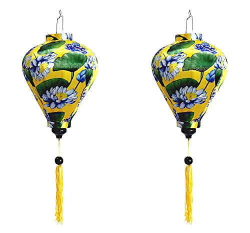 2 Vietnamese Hoi An Bamboo Silk Lanterns 13.7'' New 3D Flower Fabric For Wedding Decorative Outdoor Garden Decor Indoor Decor Holiday Asian Traditional Decoration (Color 1) #TOP4