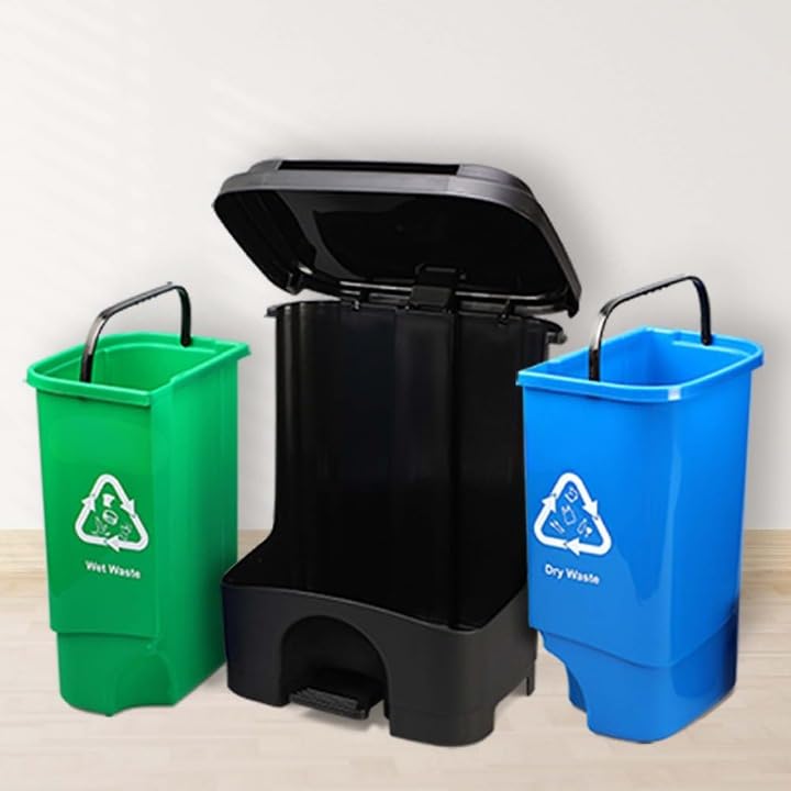 Image of Twin Bin Dustbin Dry & Wet Waste Pedal Dustbins / 2 In 1 Dustbin Trash Can /Plastic Garbage Bins with Lid for Home Kitchen - Blue & Green Colour (Large - 33Ltr)