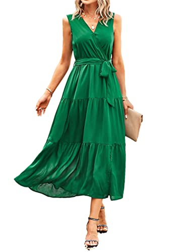 Robe d'été sans manches col en V Adhdyuud avec volants romantiques et fentes élégantes