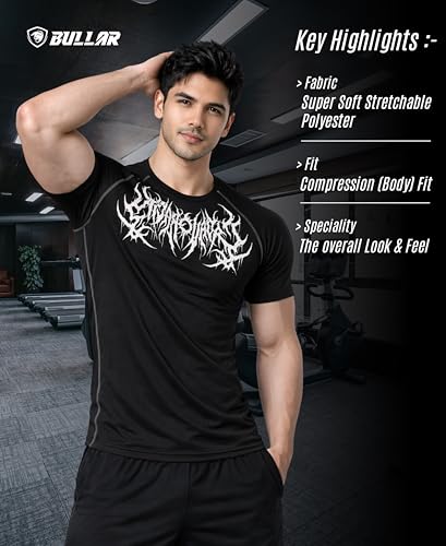 Image of BULLAR Men's Polyester Blend Compression T-Shirt, Half Sleeve Athletic Sports Tight, Crew Neck, Slim Fit Tshirt for Fitness and Workout