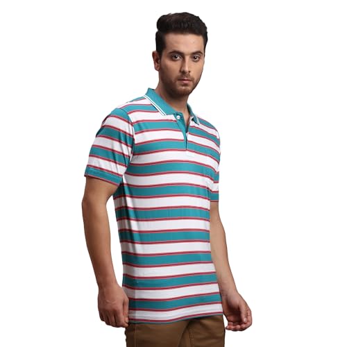 Image of Colorplus Men's Pure Cotton Stripe Pattern Classic Fit Polo Neck Half Sleeve Casual T-Shirt