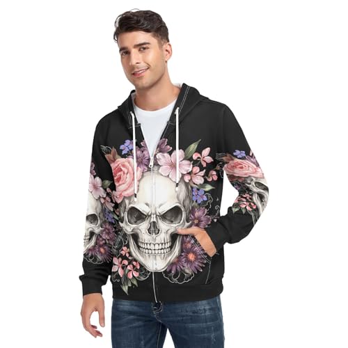 Image of ALAZA Men's Hoodie,Sugar Skull Floral The Day Of The Dead Zip-Front Sweatshirt