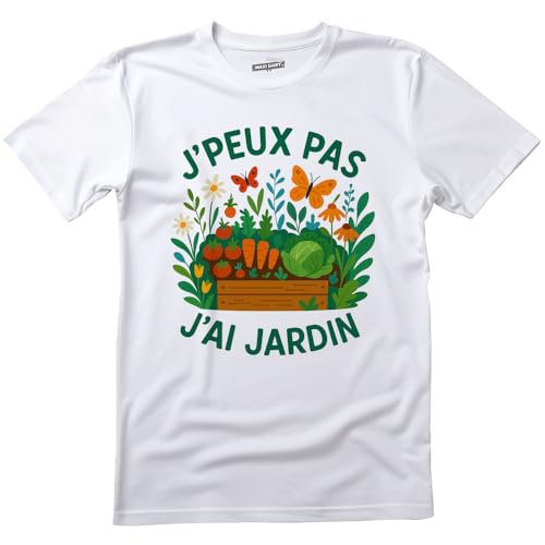 T-Shirt J'peux Pas J'Ai Jardin, motivo giardino orto con verdure e farfalle, bianco, 100% cotone, bianco, XXL