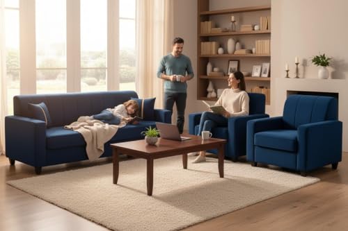 Image of FURNY Premium Cosmos Nest 5 Seater Fabric 3+1+1 Sofa Set for Living Room | with Velvet Fabric | in Dark Blue Color | Durable Comfort | Modern Design | Ideal for Living Room