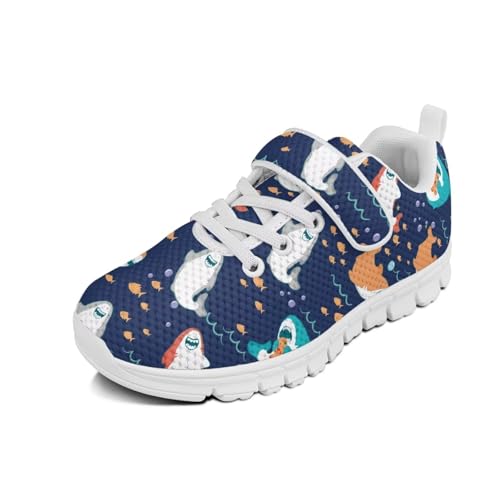 Boys Sneakers Kids Running Shoes Girls Mesh Fitness Shoe Indoor Training Sneaker Lightweight Outdoor Sports Athletic Tennis Shoes for Little Kid/Big Kid Cartoon Shark Pattern（White Sole）