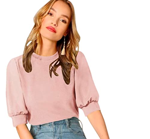 Image of Dream Beauty Fashion Women's Puff Sleeve Round High Neck Top Balloon Bishop Sleeve Elegant Casual Tee (23 inch Inches)- (Top Sofia P)