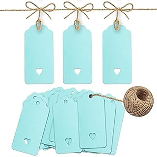 PCP 100 Pcs Gift Tags Kraft Paper Tags with 30m Jute Twine String for Arts & Craft, Luggage Label, Weddings, Valentines & Christmas, 300g/m² (Blue)