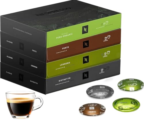 Nespresso Professional - Lote de 200 Cápsulas de Café - 50 Ristretto, 50 Leggero, 50 Forte, 50 Peru - Apto para profesionales