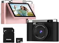 Câmera digital 4K para fotografia com foco automático, câmera vlogging de 48 MP para YouTube, cartão SD de 64 GB, tela flip de 2,8 polegadas, compacta para viagens com zoom de 8X, flash, antivibração