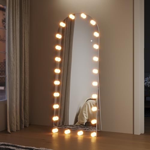 SUNXURY Espejo de cuerpo entero de arco de 160 x 60 cm, espejo de suelo con 24 bombillas, 3 colores de luz regulables, interruptor táctil y enchufe, espejo de vestidor para dormitorio y salón