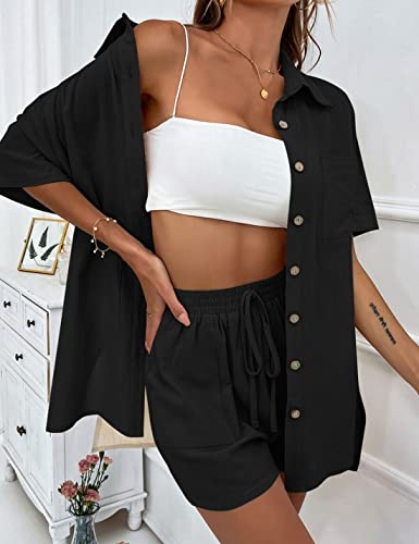 APAFES Women Summer Cotton Linen Short Sets 2 Piece Shorts Top Lounge Beach Vacation Two Piece Outfits Tracksuits(762-Black-S)