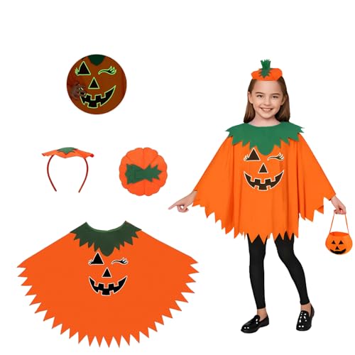 Mino Plus Disfraz de poncho de calabaza para mujer,disfraz de calabaza con Sombrero y Bolsas,disfraz de pumpkin para cosplay de halloween (Niño)