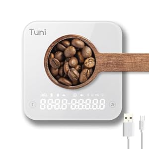 Tuni Portable Coffee Scale with Timer, Rechargeable Digital Espresso Scale, 0.1g High Precision Scale for Espresso and Pour-Over Coffee, Measures in g/oz/ml, Powder/Water Ratio, Water Flow Rate