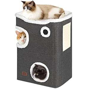 EHEYCIGA 2-Storey Cat House for Indoor Cats Bed Cube, Covered Cat Cave Beds & Furniture with Scratch Pad and Hideaway, Modern Cat Hideout Condos for Multi Pet Large Kitten Kitty, 23.5″ H, Grey
