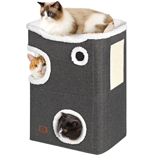 EHEYCIGA 2-Storey Cat House for Indoor Cats Bed Cube, Covered Cat Cave Beds & Furniture with Scratch Pad and Hideaway, Modern Cat Hideout Condos for Multi Pet Large Kitten Kitty, 23.5' H, Grey