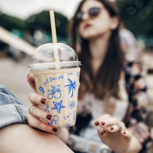 Image of Reusable Insulated Sleeve for Iced Coffee Cup, Coffee Neoprene Sleeve for Cold & Hot Drinks, Beverage Holder for Iced Coffee (Coastal Blue, Small: 16-18oz)