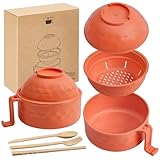 1 Set Microwave Ramen Cooker 40oz Wheat Straw Microwave Noodle Bowl Set with Chopsticks, Spoon, Fork, College Dorm Office Apartment Essentials (Orange)