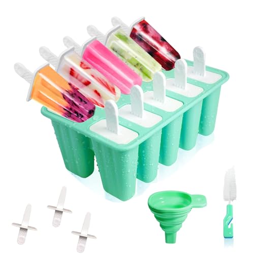 Molde de Silicona para Helados, Reutilizables y Libres de BPA, Incluyen un Cepillo de Limpieza y Embudo de Silicona Plegable, Fácil de Usar para Helados Caseros (10 Cavidades - Verde)