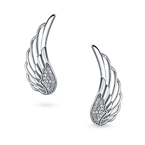 Trendy Spiritual Guardian Angel Wing Feather Ear Pin Climbers Earrings For Women Round Cubic Zirconia Pave Cz Crawler .925 Sterling Silver #TOP1