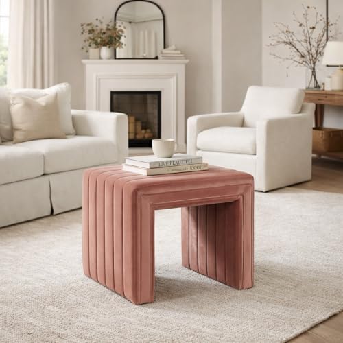 Image of HomePop 19 inch Modern Channel Tufted Velvet Ottoman - Blush Pink