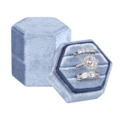 sovia Velvet Ring Box 3 Slots, Wedding Hexagon Engagement Ring Box for Proposal Engagement Wedding Day Bridal Photo