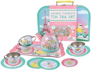 Bright Stripes Animal Tourists Tin Tea Set 15 Piece in Deluxe Carry Case w/ Invites & Place Cards - Pretend Play Set for Kids - Tea Set for Kids