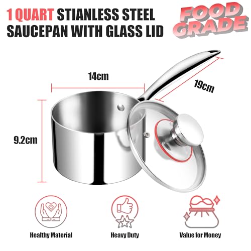 Joyfair 14cm Saucepan, 1 Litre Tri-Ply Stainless Steel Sauce Pan with Glass Lid, Small Milk Pan/Sauce Pot Cookware for Induction Gas Halogen Oven Electric Ceramic, Non Toxic & Easy to Clean, Silver - Image 2