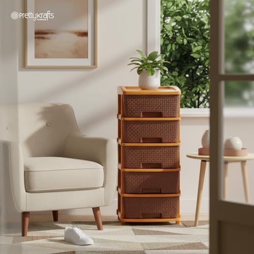 Image of PrettyKrafts 5-Tier Plastic Storage Drawer Organizer | Modular Chest of Drawers & Toy Storage Box for Kids Room, Home, Kitchen & Office | Multipurpose Cabinet Unit (Brown, 36x39x77 cm)