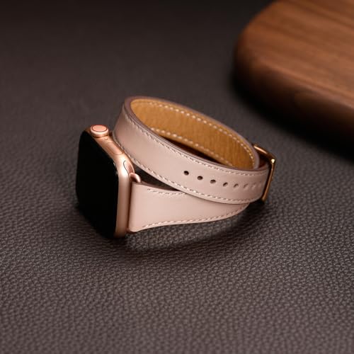 Bestig Compatible for Apple Watch Band 38mm 40mm 41mm, Genuine Leather Double Tour Designed Slim Wrap Replacement Strap for iWatch Series 8 7 6 SE 5 4 3 2 1 Women Men (Pink Sand+Rose Gold)