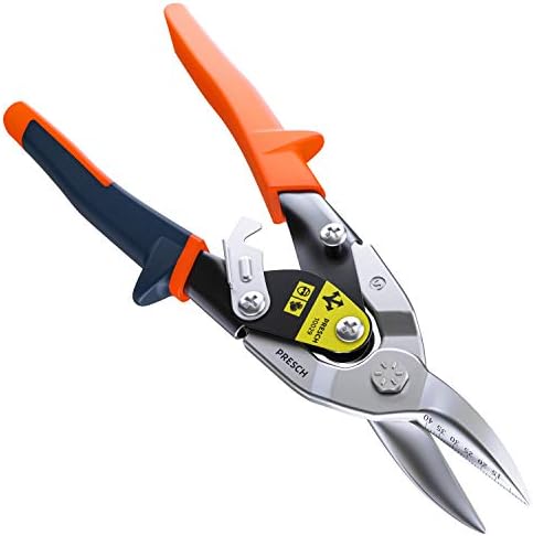 Presch Tin Snips Straight Cut - Heavy Duty Aviation Snips - Drywall Construction Tool for CW and UW Mouldings, Metal Cutting, etc. - Tin Cutter with Lever Transmission