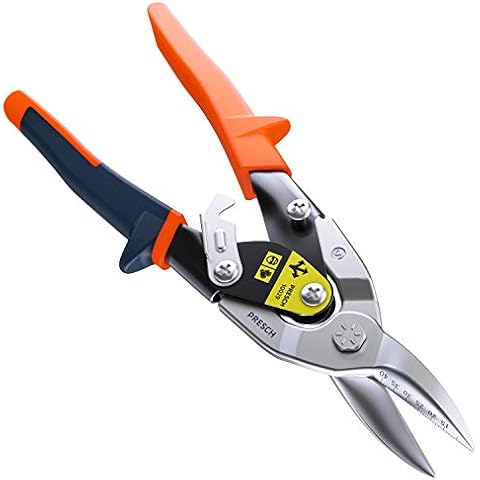 Presch Tin Snips Straight Cut - Heavy Duty Aviation Snips - Drywall Construction Tool for CW and UW Mouldings, Metal Cutting, etc. - Tin Cutter with Lever Transmission Cover