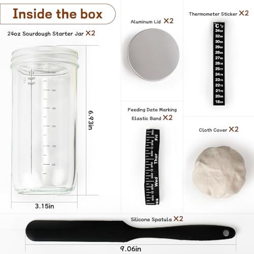 DWTS DANWEITESI Sourdough Starter Jar with Date Marked Feeding Band, Thermometer, Sourdough Fermentation Jar Scraper, Sewn Cloth Cover & Aluminum Lid, Sourdough Starter Kit Reusable(2pcs/24oz)