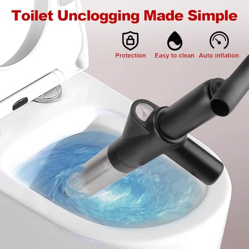 Image of High Pressure Toilet Plunger, 60CM Long Handle Air Drain Blaster with Barometer, 0.4Mpa Powerful Unclogger for Toilet Sink Shower Floor Drain, Splash-Proof Heavy Duty Plumbing Tool (Black)